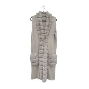 Designer Beige Knit Vest with Faux Fur Trim Longline Sleeveless Cardigan Women's